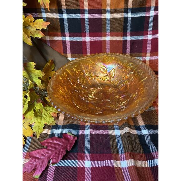 Iridescent Carnival Glass Bowl Orange Marigold Gold Fumed 9" Unmarked Vtg 50s - Picture 1 of 9